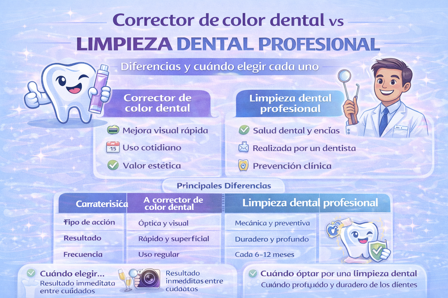 Corrector de color dental vs limpieza dental profesional: diferencias y cuándo elegir cada uno