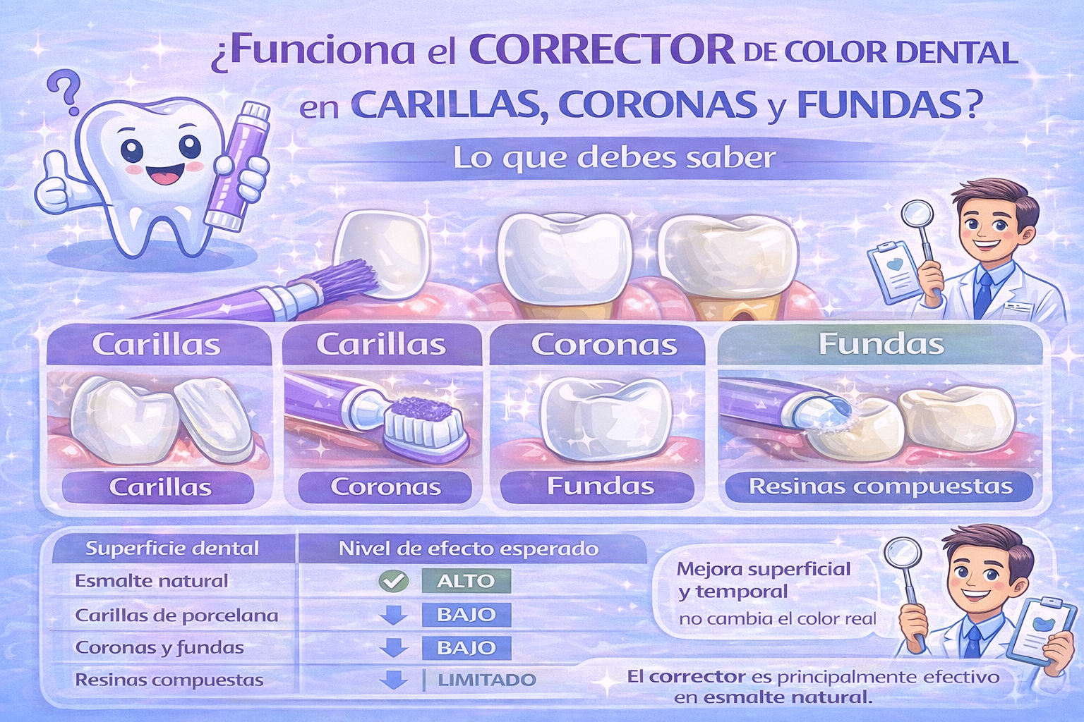¿Funciona el corrector de color dental en carillas, coronas y fundas? Lo que debes saber