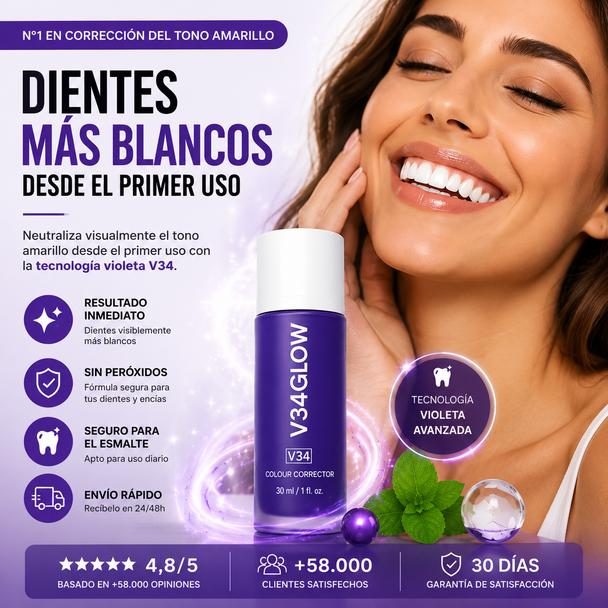 V34Glow™ — Blanqueador Dental Sin Peróxidos