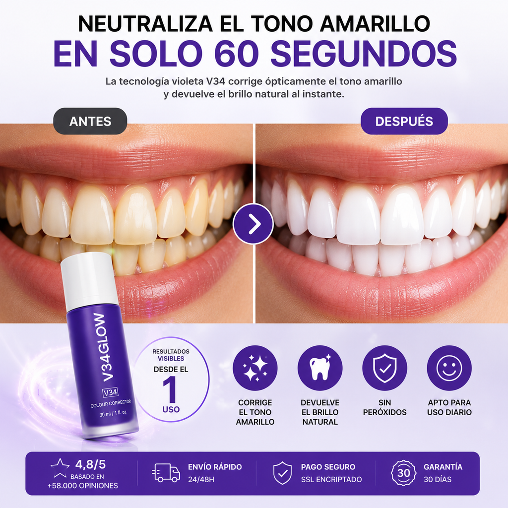 V34Glow™ — Blanqueador Dental Sin Peróxidos
