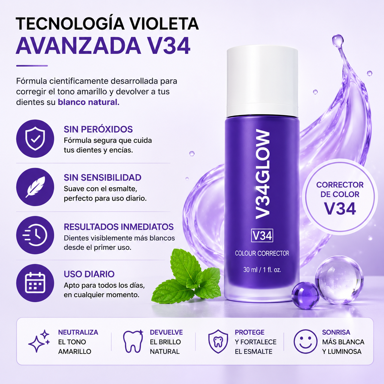 V34Glow™ — Blanqueador Dental Sin Peróxidos