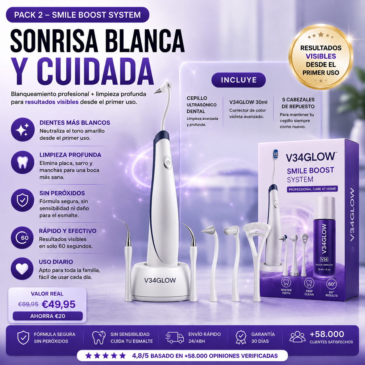 V34Glow™ — Blanqueador Dental Sin Peróxidos