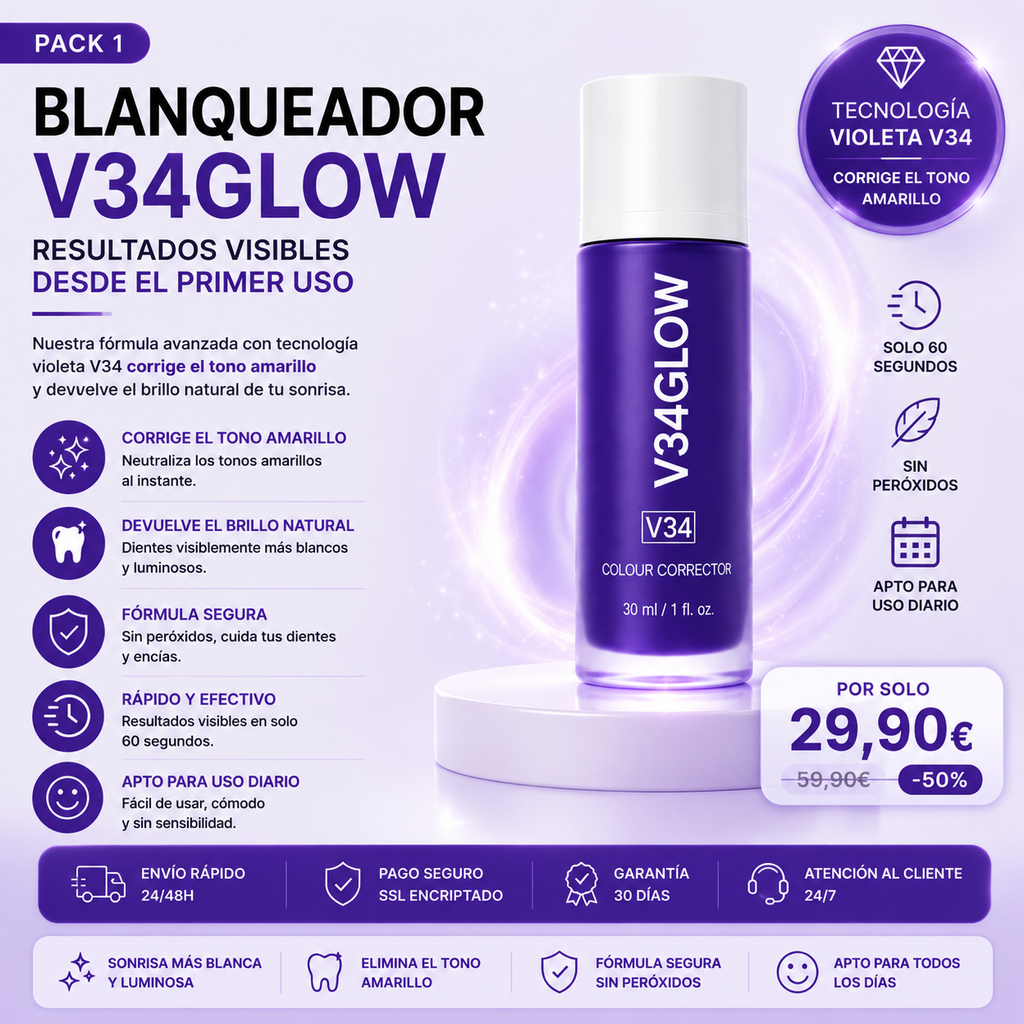V34Glow™ — Blanqueador Dental Sin Peróxidos