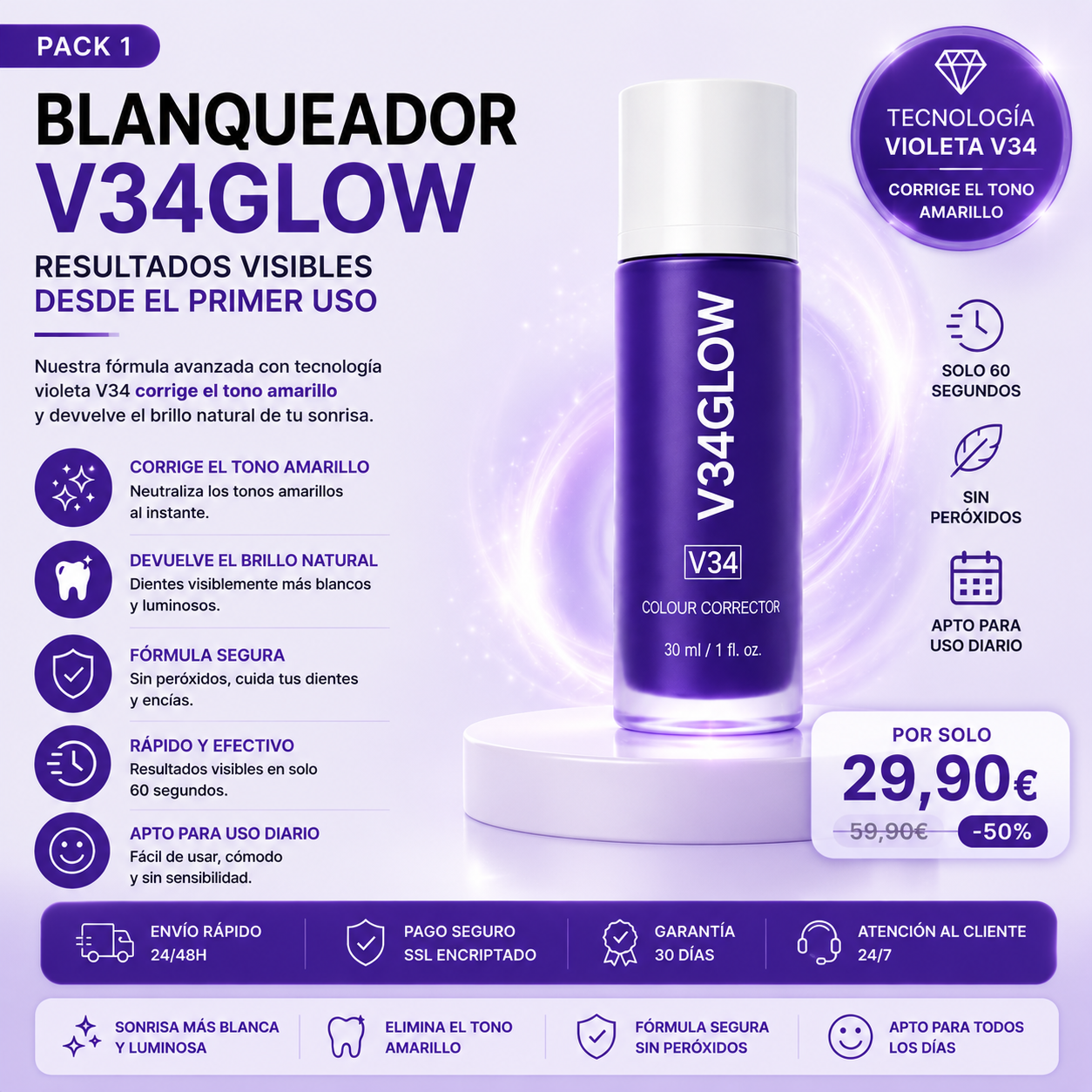 V34Glow™ — Blanqueador Dental Sin Peróxidos
